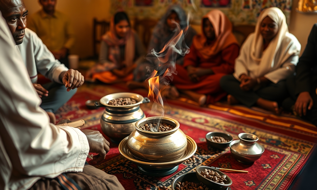 Cerimônia tradicional de café etíope com jebena, grãos torrados e incenso, celebrada em tapetes coloridos. Um ritual cultural acolhedor e aromático. Cerimônia tradicional de café etíope com jebena, grãos torrados e incenso, celebrada em tapetes coloridos. Um ritual cultural acolhedor e aromático.
