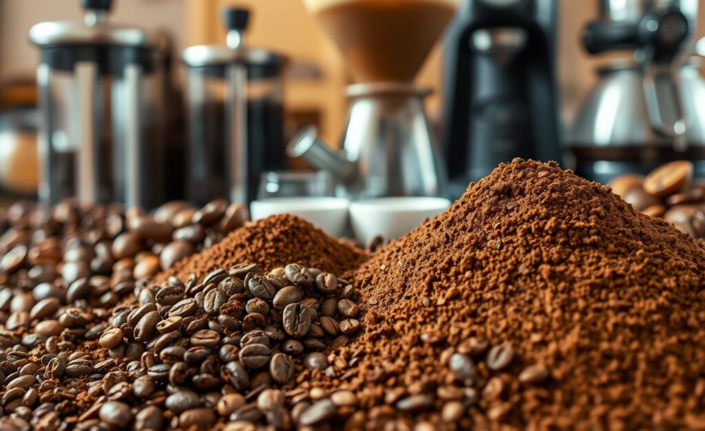 Explore a riqueza dos cafés: close-up de grãos variados e equipamentos de preparo ao fundo.
