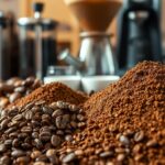 Explore a riqueza dos cafés: close-up de grãos variados e equipamentos de preparo ao fundo.