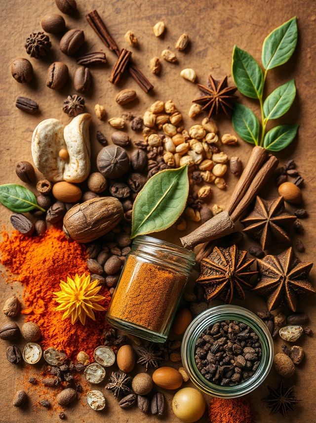 Uma colagem vibrante que destaca ingredientes únicos do café, com especiarias e sabores inusitados, em tons quentes e apresentação artística.