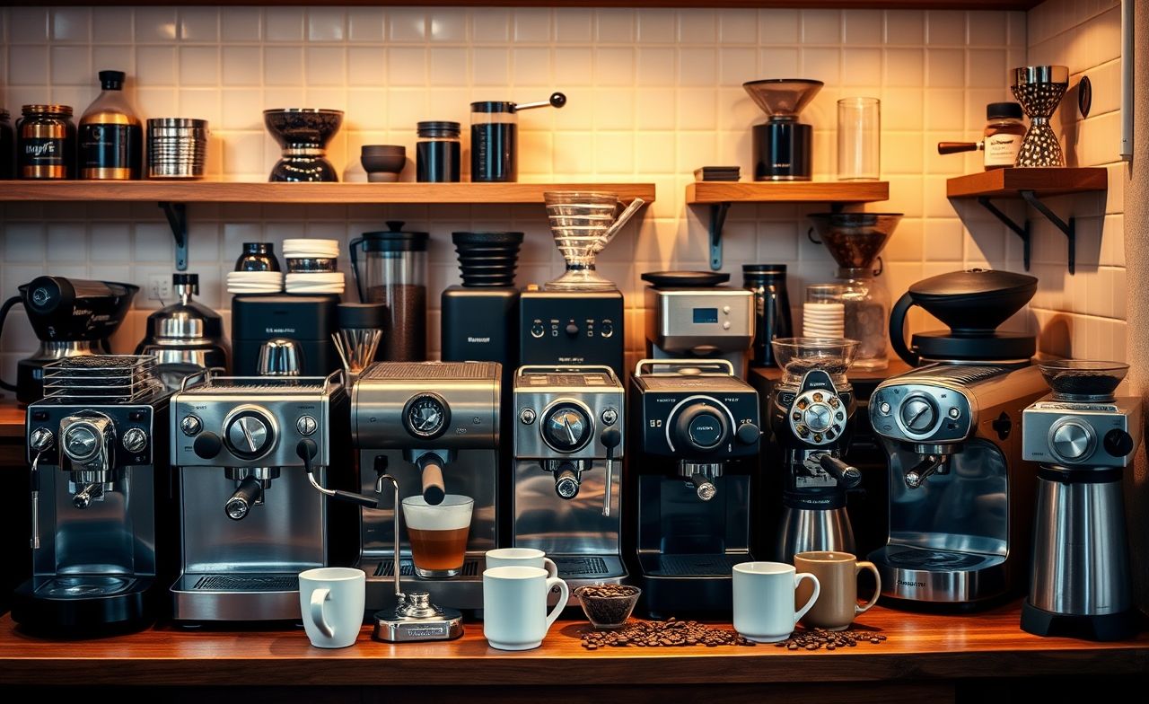Explore uma coleção encantadora de máquinas de espresso em uma cozinha acolhedora, perfeita para amantes de café. Explore uma coleção encantadora de máquinas de espresso em uma cozinha acolhedora, perfeita para amantes de café.