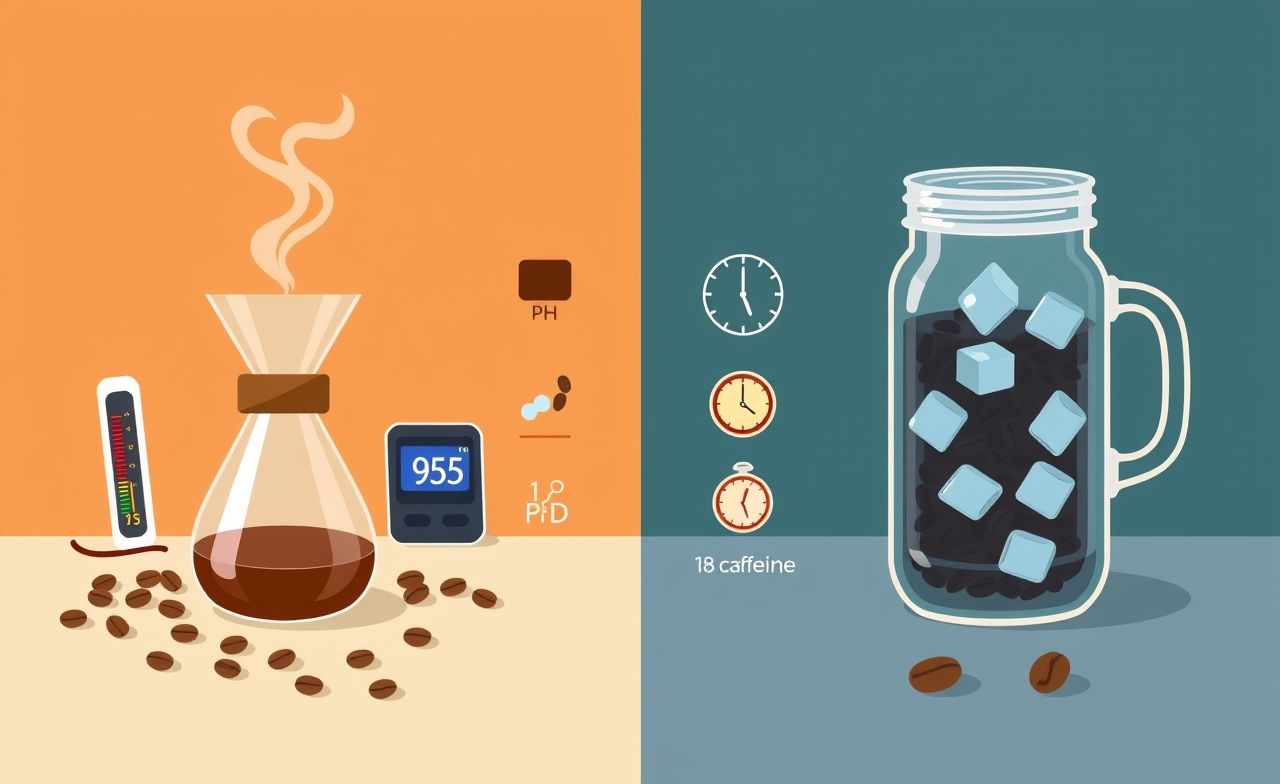 Ilustração comparando métodos de preparo: café quente (Chemex a 95°C) vs cold brew (18h em infusão fria). Destaque para diferenças de acidez, sabor e cafeína. Design minimalista. como fazer café com água fria