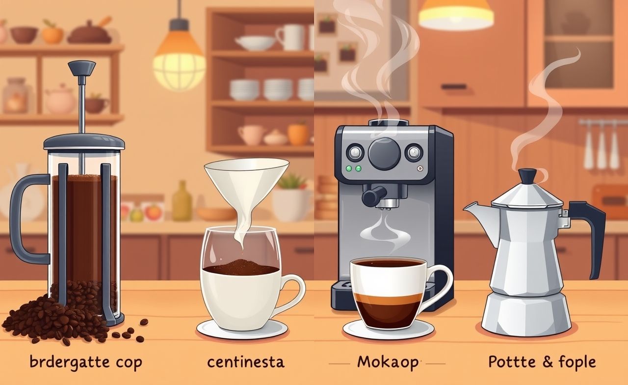 Descubra uma comparação visual lado a lado entre French press, filtro de papel, espresso e Moka pot em uma cozinha aconchegante. Veja as diferenças em simplicidade, sabores e facilidade para amantes de café. Descubra uma comparação visual lado a lado entre French press, filtro de papel, espresso e Moka pot em uma cozinha aconchegante. Veja as diferenças em simplicidade, sabores e facilidade para amantes de café.
