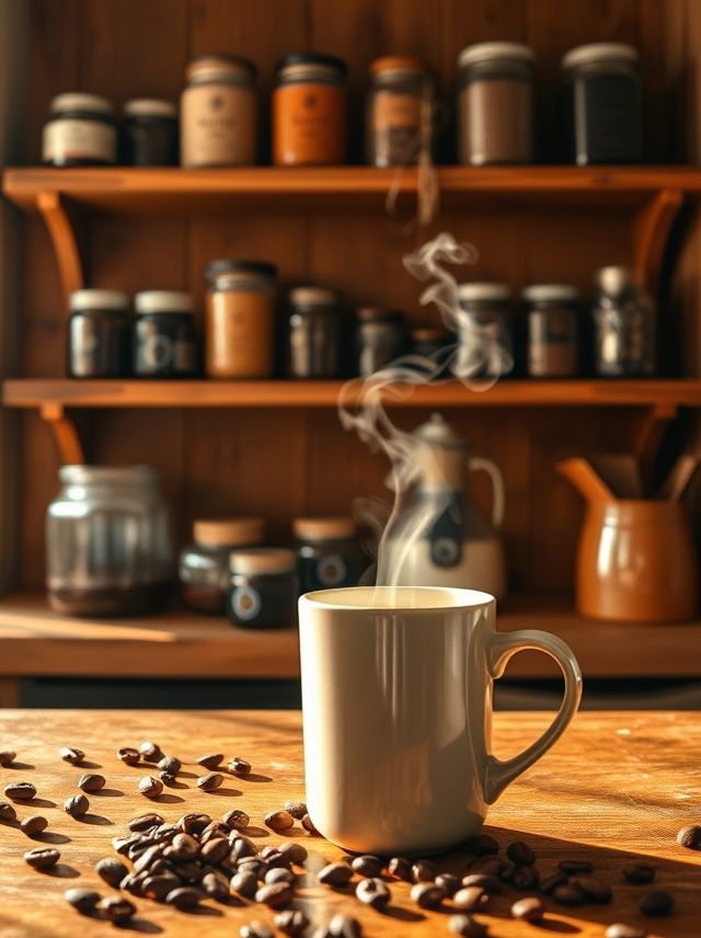 Descubra a aconchegante cozinha perfeita para amantes de café, com grãos frescos e iluminação acolhedora.