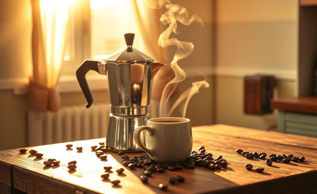 Uma cena acolhedora de cozinha com uma moka pot, café fresco e grãos de café, celebrando o ritual da preparação do café.