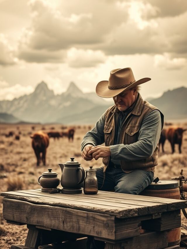 Caubói prepara café em paisagem rústica com montanhas e gado, capturando a essência nostálgica do oeste americano em tons sépia.