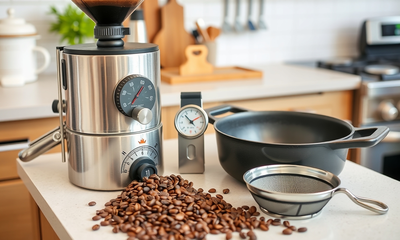 Equipamento profissional para torrefação caseira de café: torrador, panela de ferro, termômetro e peneira de resfriamento, perfeito para amantes de café artesanal. Equipamento profissional para torrefação caseira de café: torrador, panela de ferro, termômetro e peneira de resfriamento, perfeito para amantes de café artesanal.