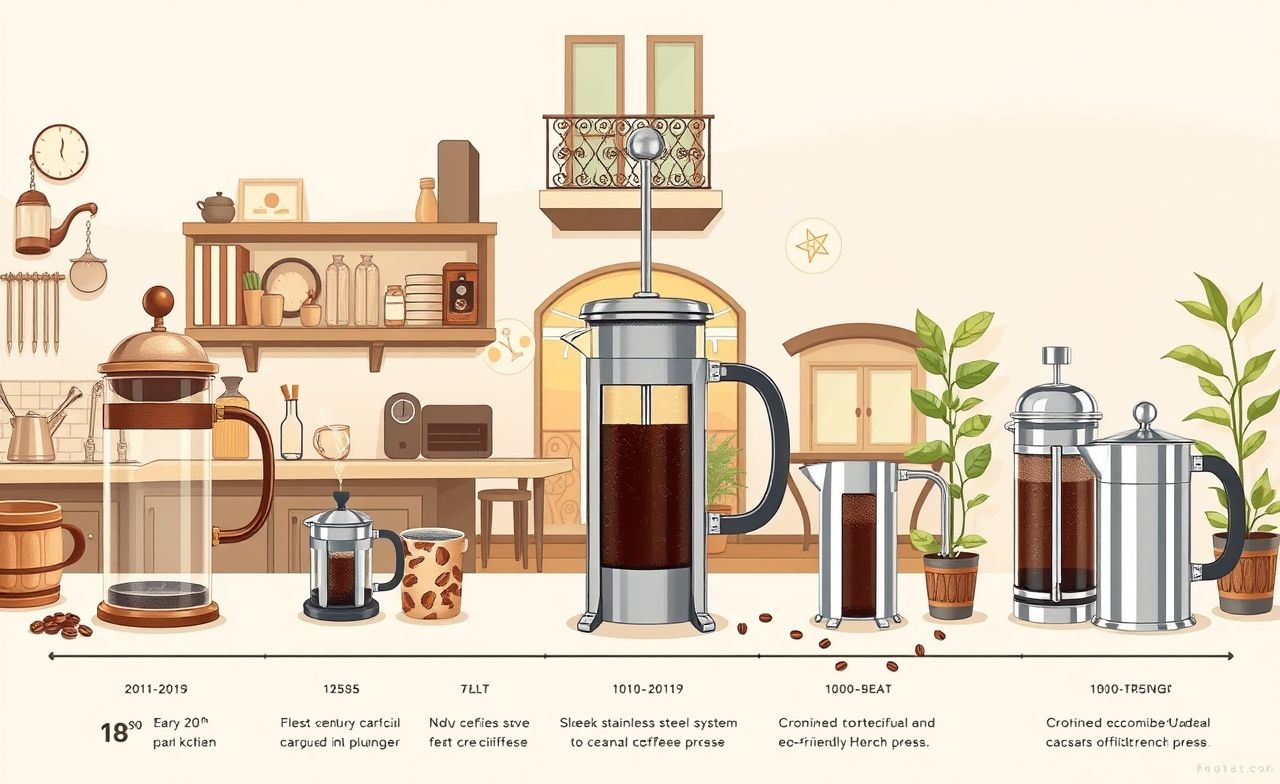 Descubra a evolução da cafeteira francesa, de designs do século 20 em cozinhas vintage a versões modernas ecológicas, em uma linha do tempo cativante com grãos de café e elementos culturais franceses. Evoke curiosidade sobre sua história e inovações. Descubra a evolução da cafeteira francesa, de designs do século 20 em cozinhas vintage a versões modernas ecológicas, em uma linha do tempo cativante com grãos de café e elementos culturais franceses. Evoke curiosidade sobre sua história e inovações.