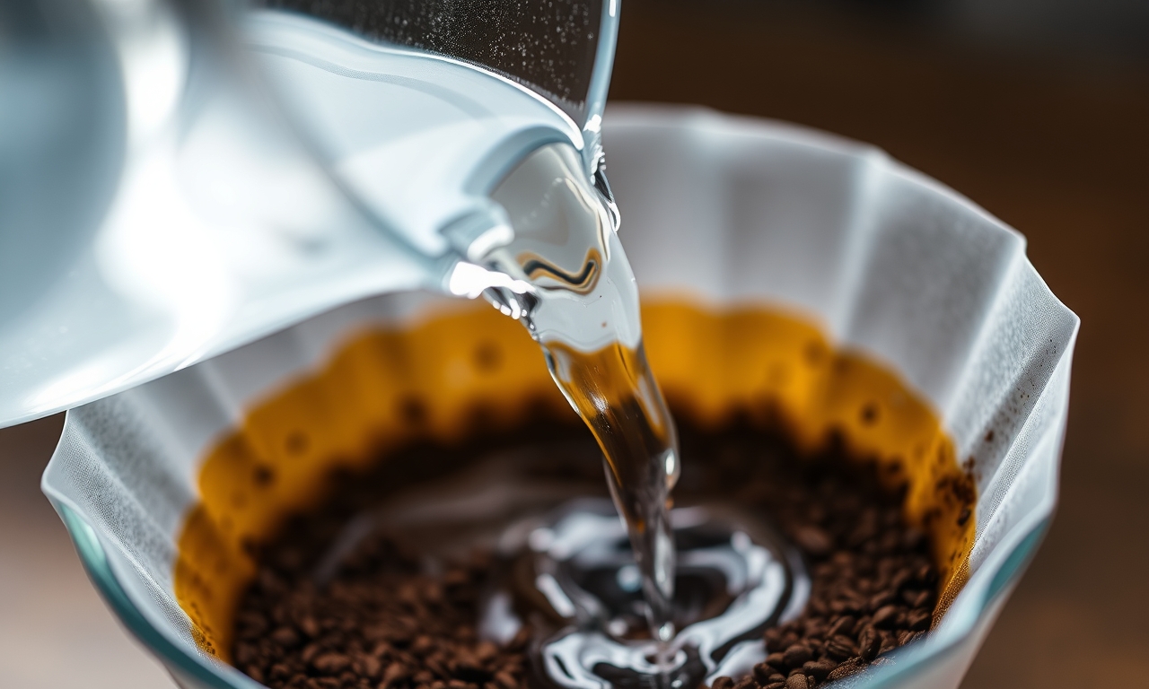 Água cristalina sendo filtrada e derramada sobre grãos de café, revelando a importância da pureza na extração do sabor perfeito. Água cristalina sendo filtrada e derramada sobre grãos de café, revelando a importância da pureza na extração do sabor perfeito.