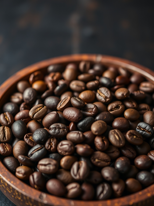 Seleção premium de grãos de café gourmet em tigela de madeira, revelando texturas únicas e cores ricas sob iluminação suave.