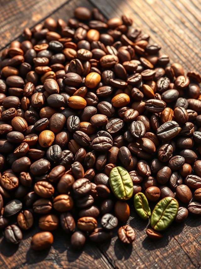 Explore a beleza dos grãos de café exóticos, com cores vibrantes e texturas únicas sobre uma mesa rústica.