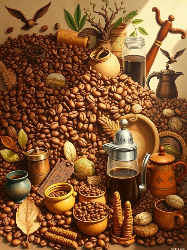 Uma jornada visual pelo mundo do café, destacando grãos, métodos tradicionais e culturas diversas em tons terrosos.