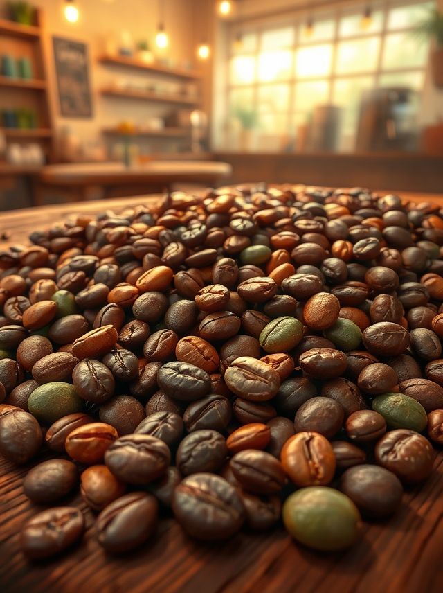 Explore a diversidade dos grãos de café em cores e formas, imersos em um fundo acolhedor que exala aconchego.