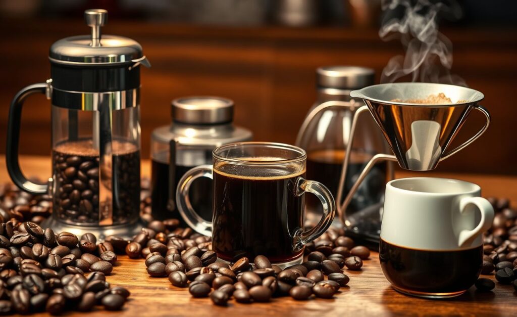 Explore a arte da preparação do café com infusores variados, grãos frescos e café recém-preparado.