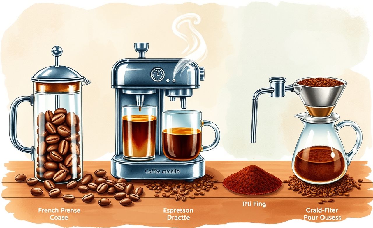 Explore métodos de preparo de café com ilustração detalhada, mostrando moagens ideais para French press, espresso e coador. Explore métodos de preparo de café com ilustração detalhada, mostrando moagens ideais para French press, espresso e coador.