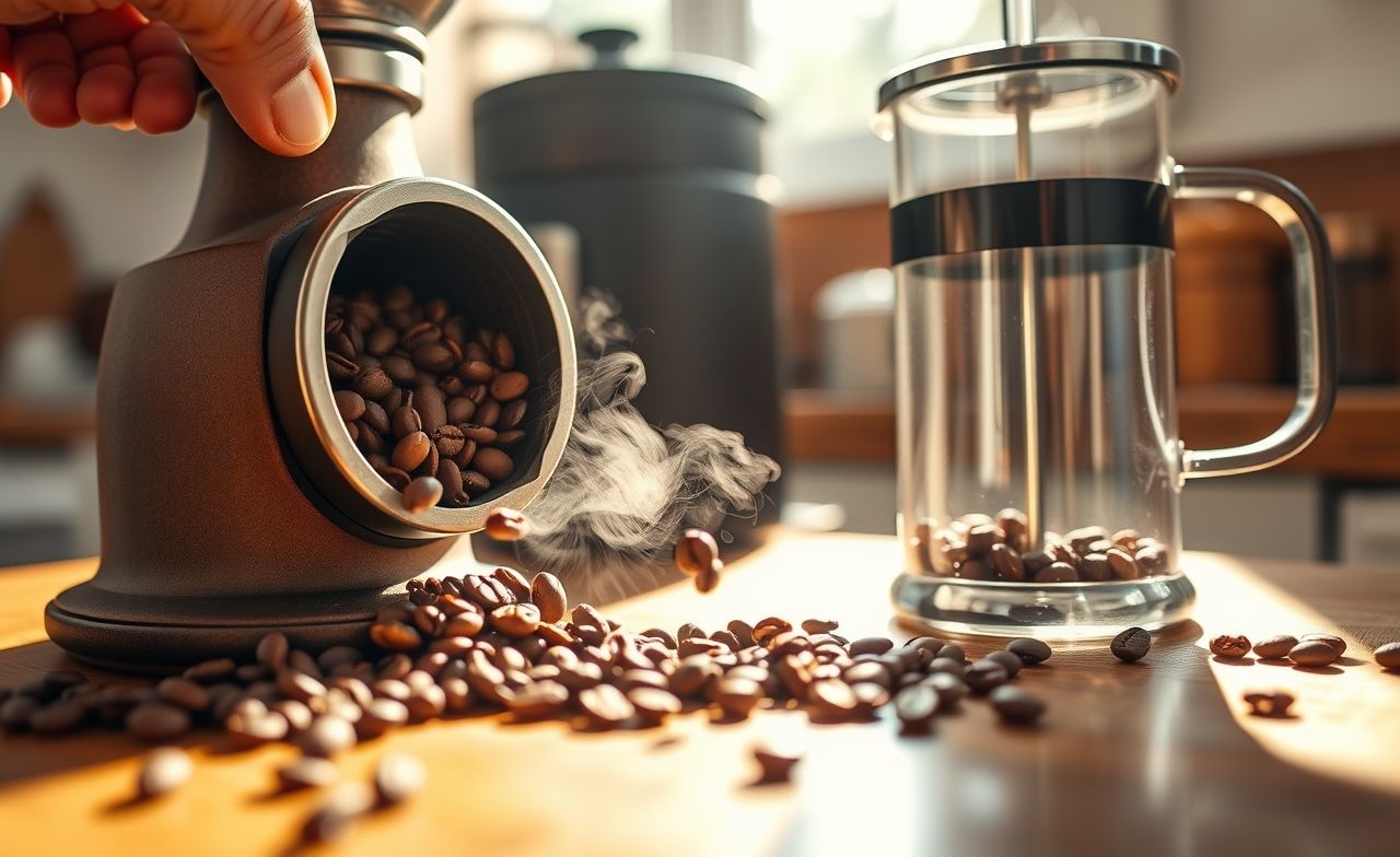 Um close-up fascinante de grãos de café sendo moídos para a textura perfeita do French press, com uma mão ajustando o moedor e grãos frescos derramando, em uma cozinha acolhedora com vapor, revelando o segredo para um café inesquecível. Um close-up fascinante de grãos de café sendo moídos para a textura perfeita do French press, com uma mão ajustando o moedor e grãos frescos derramando, em uma cozinha acolhedora com vapor, revelando o segredo para um café inesquecível.