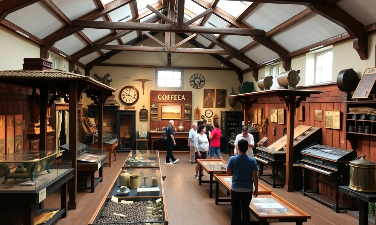 Explore a rica história do café brasileiro neste museu cultural, com exposições vintage, estruturas de madeira e artefatos históricos. Explore a rica história do café brasileiro neste museu cultural, com exposições vintage, estruturas de madeira e artefatos históricos.