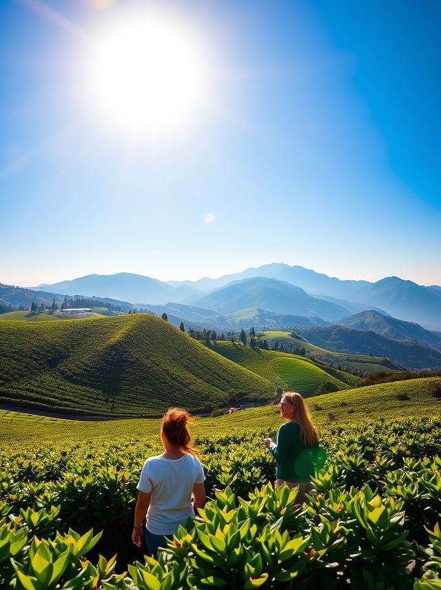 Explore a beleza das plantações de café sob um sol radiante, com turistas desfrutando de uma experiência única de degustação.