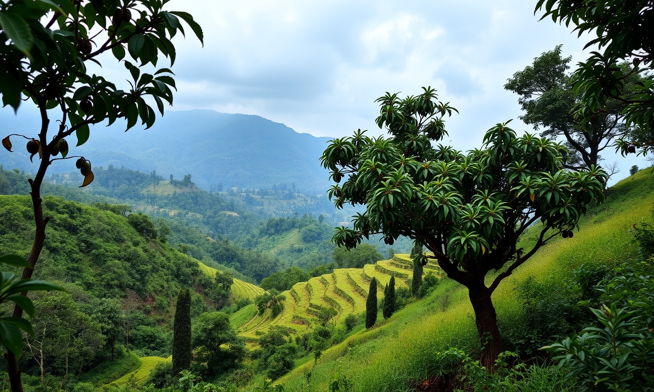 Descubra o berço do café: exuberantes montanhas etíopes com plantas selvagens de café, vegetação verdejante e terraços tradicionais sob névoa serena. café etíope