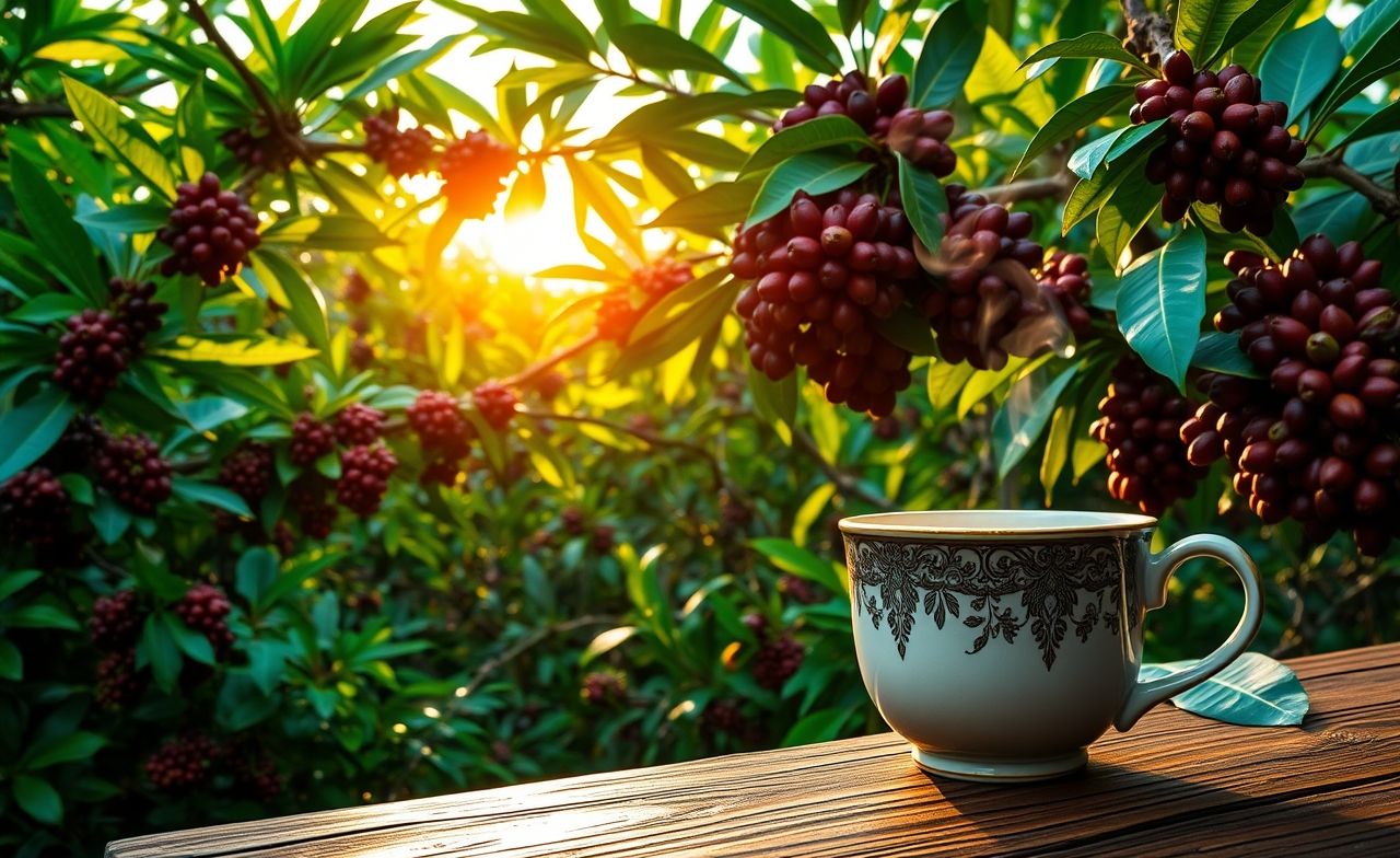 Descubra a beleza de uma plantação de café tropical, com grãos frescos e um cenário exuberante. Sinta o sabor único!