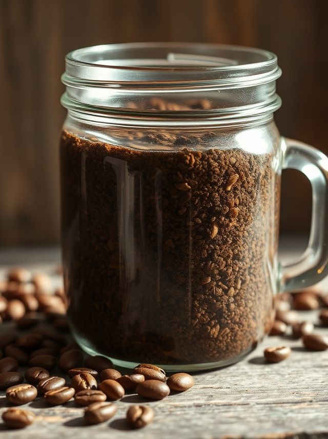 Pote de vidro com café em pó e água fria, em infusão para um café gelado artesanal. Luz natural, fundo rústico de madeira e grãos frescos ao redor. Estilo minimalista e tons quentes.