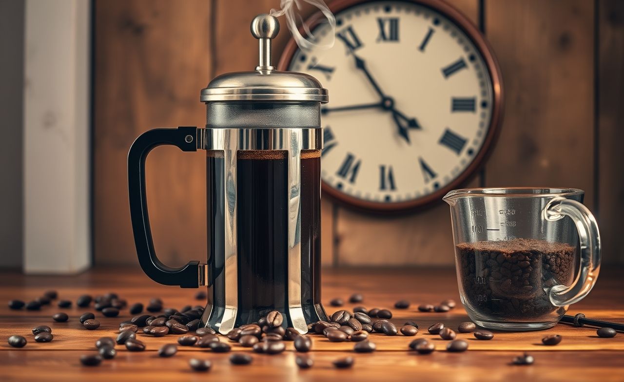 Uma prensa francesa elegante infunde café em 4 minutos, cercada por grãos e uma xícara, destacando o ritual perfeito da preparação. Uma prensa francesa elegante infunde café em 4 minutos, cercada por grãos e uma xícara, destacando o ritual perfeito da preparação.