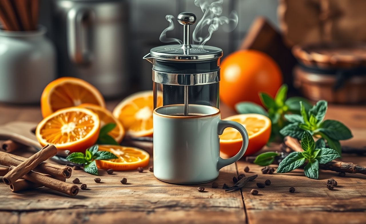 Descubra a imagem vibrante de uma prensa francesa sobre uma mesa de madeira, cercada por canela, laranja, baunilha e menta. Com vapor subindo da xícara, inspire criatividade e personalize seu café com aromas irresistíveis. Descubra a imagem vibrante de uma prensa francesa sobre uma mesa de madeira, cercada por canela, laranja, baunilha e menta. Com vapor subindo da xícara, inspire criatividade e personalize seu café com aromas irresistíveis.