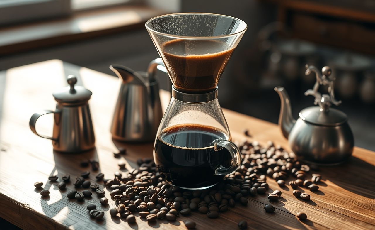 Desperte seus sentidos com a beleza da Chemex, a arte do café filtrado em uma cena encantadora. Desperte seus sentidos com a beleza da Chemex, a arte do café filtrado em uma cena encantadora.