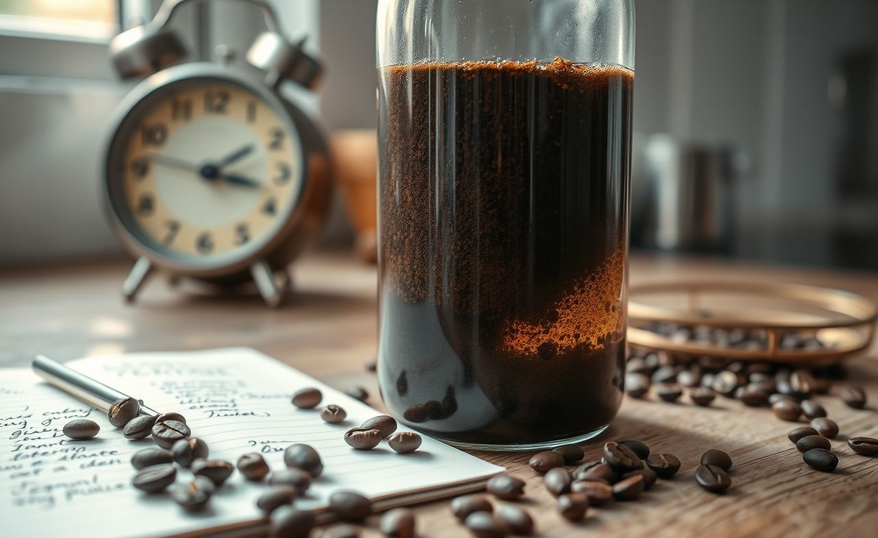 Close-up do preparo artesanal de cold brew: pó de café em infusão com água gelada, bolhas se formando e timer marcando 16h. Cena acolhedora com grãos e anotações sobre a mesa de madeira. Close-up do preparo artesanal de cold brew: pó de café em infusão com água gelada, bolhas se formando e timer marcando 16h. Cena acolhedora com grãos e anotações sobre a mesa de madeira.