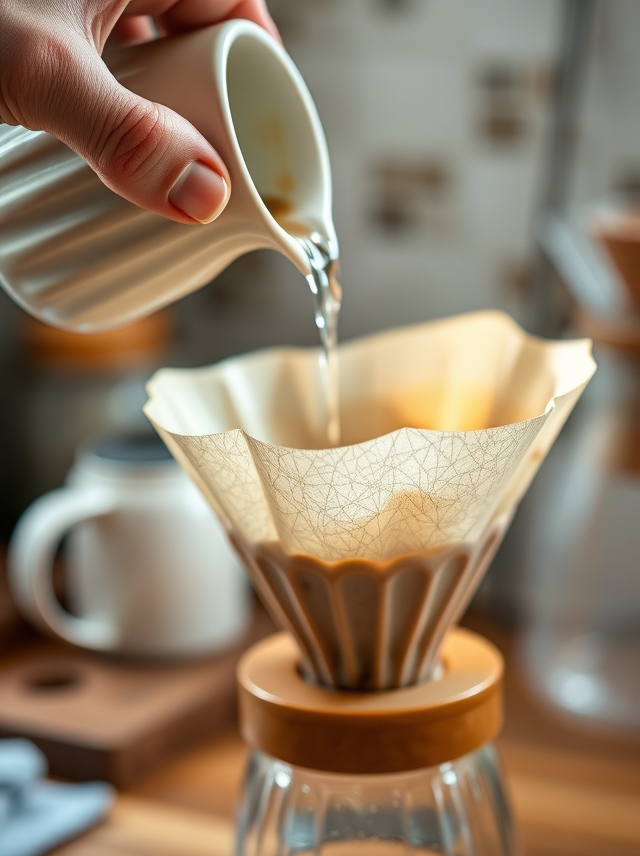 Momento sereno de preparo manual de café, água quente cascateando suavemente sobre filtro de papel, revelando ritual aromático e delicado.