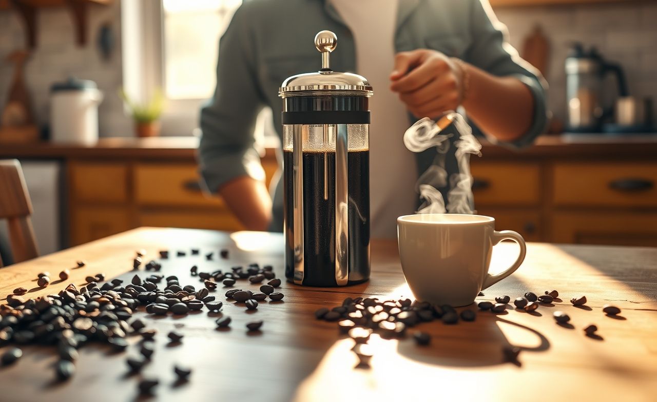 Na luz da manhã, uma pessoa prepara café com uma French press clássica em uma mesa de madeira, rodeada por grãos frescos e uma xícara fumegante, destacando simplicidade, aroma rico e rotina fácil para amantes de café. preparo de café na prensa
