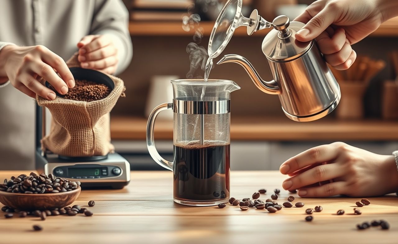 Descubra o processo simples de fazer café na French press: de medir grãos frescos a pressionar o êmbolo, em uma cozinha acolhedora com vapor aromático. Fácil, personalizado e irresistível! Descubra o processo simples de fazer café na French press: de medir grãos frescos a pressionar o êmbolo, em uma cozinha acolhedora com vapor aromático. Fácil, personalizado e irresistível!