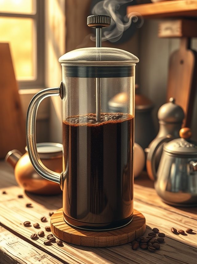Descubra o encanto do café artesanal: ilustração detalhada de um French press em bancada rústica, com grãos, água fumegante e luz dourada, destacando tons terrosos e efeitos de vapor no processo de preparo.
