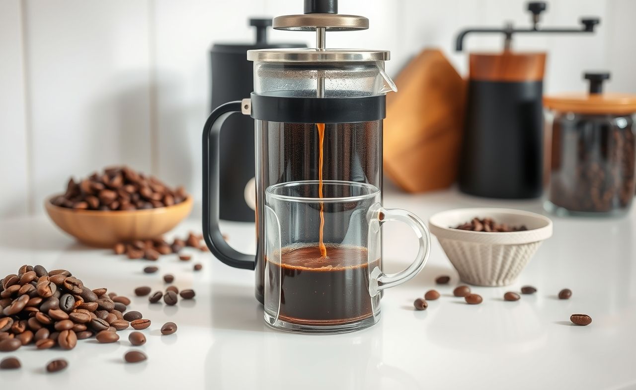 Uma visão em close-up de uma French press em bancada de cozinha limpa, com café fresco sendo derramado em xícara de vidro. Cercada por grãos inteiros, moedor e ferramentas ecológicas, destacando um processo sustentável e organizado para amantes de café consciente. Uma visão em close-up de uma French press em bancada de cozinha limpa, com café fresco sendo derramado em xícara de vidro. Cercada por grãos inteiros, moedor e ferramentas ecológicas, destacando um processo sustentável e organizado para amantes de café consciente.