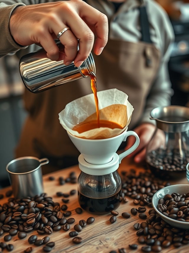 Método artesanal de preparo de café: barista despeja bebida quente em xícara branca com equipamentos de café ao redor em ambiente aconchegante.