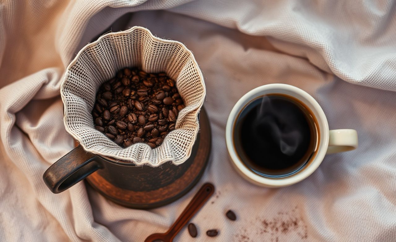 Descubra o ritual do café com este setup clássico: filtro de pano, grãos frescos e uma xícara fumegante.