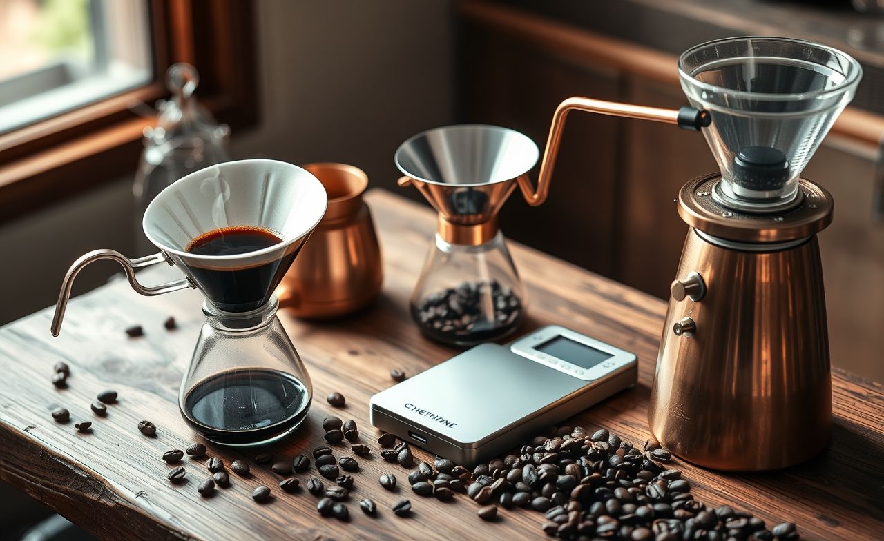 Elegante setup de café pour-over com V60, Chemex, bule gooseneck, balança digital e moedor, sobre mesa de madeira. Perfeito para coffee lovers! Elegante setup de café pour-over com V60, Chemex, bule gooseneck, balança digital e moedor, sobre mesa de madeira. Perfeito para coffee lovers!