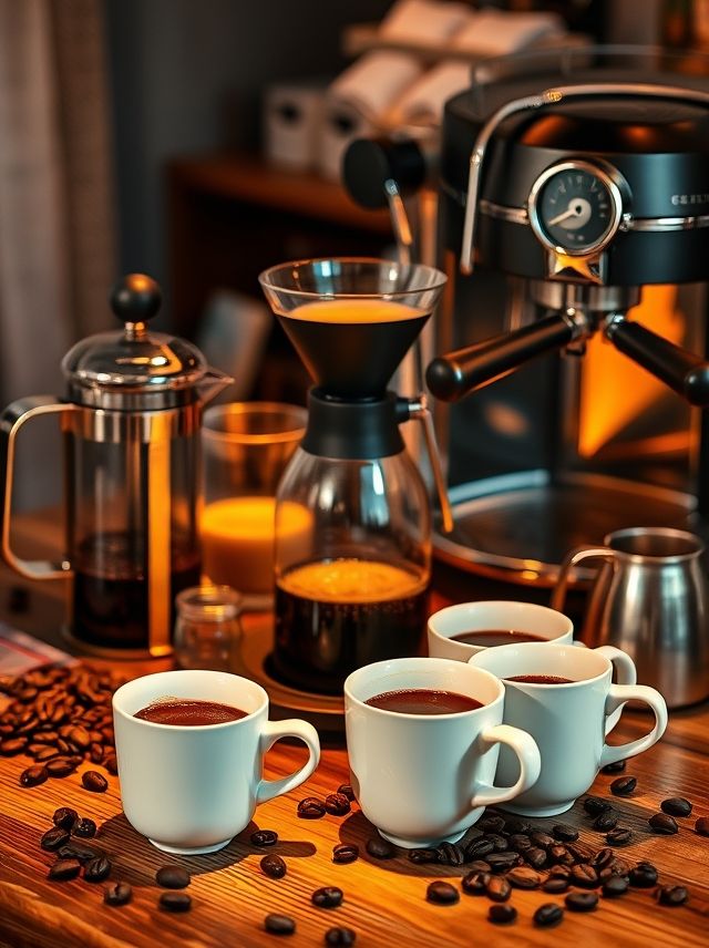 Descubra a arte do café com métodos variados: French press, pour-over e espresso, em um ambiente acolhedor.