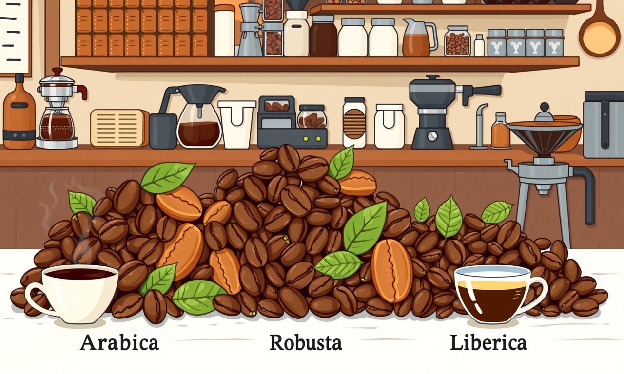 Explorando o mundo do café: variedades Arábica, Robusta e Liberica, com detalhes únicos de grãos, cores e métodos de preparo. métodos de preparo de café