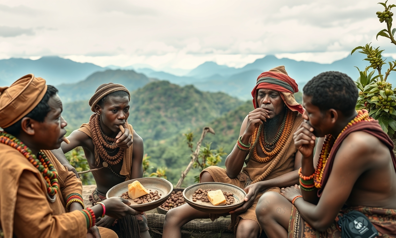 Membros de uma tribo etíope mastigam grãos de café crus com gordura animal, em uma paisagem tradicional repleta de montanhas e pés de café. Membros de uma tribo etíope mastigam grãos de café crus com gordura animal, em uma paisagem tradicional repleta de montanhas e pés de café.