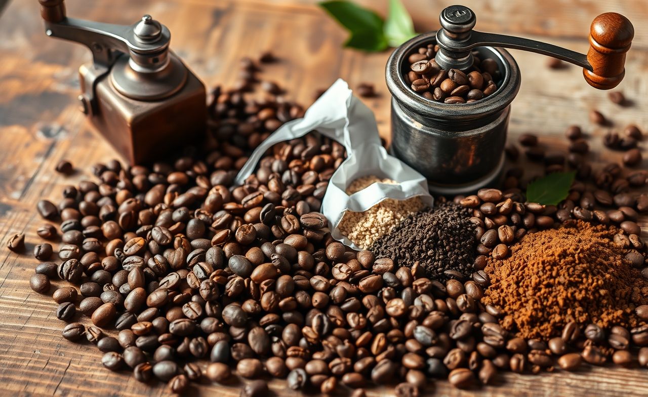 Descubra a riqueza dos grãos de café Arabica e Robusta em uma mesa rústica, com moagens variadas que exalam aroma e textura únicos. moagem do café