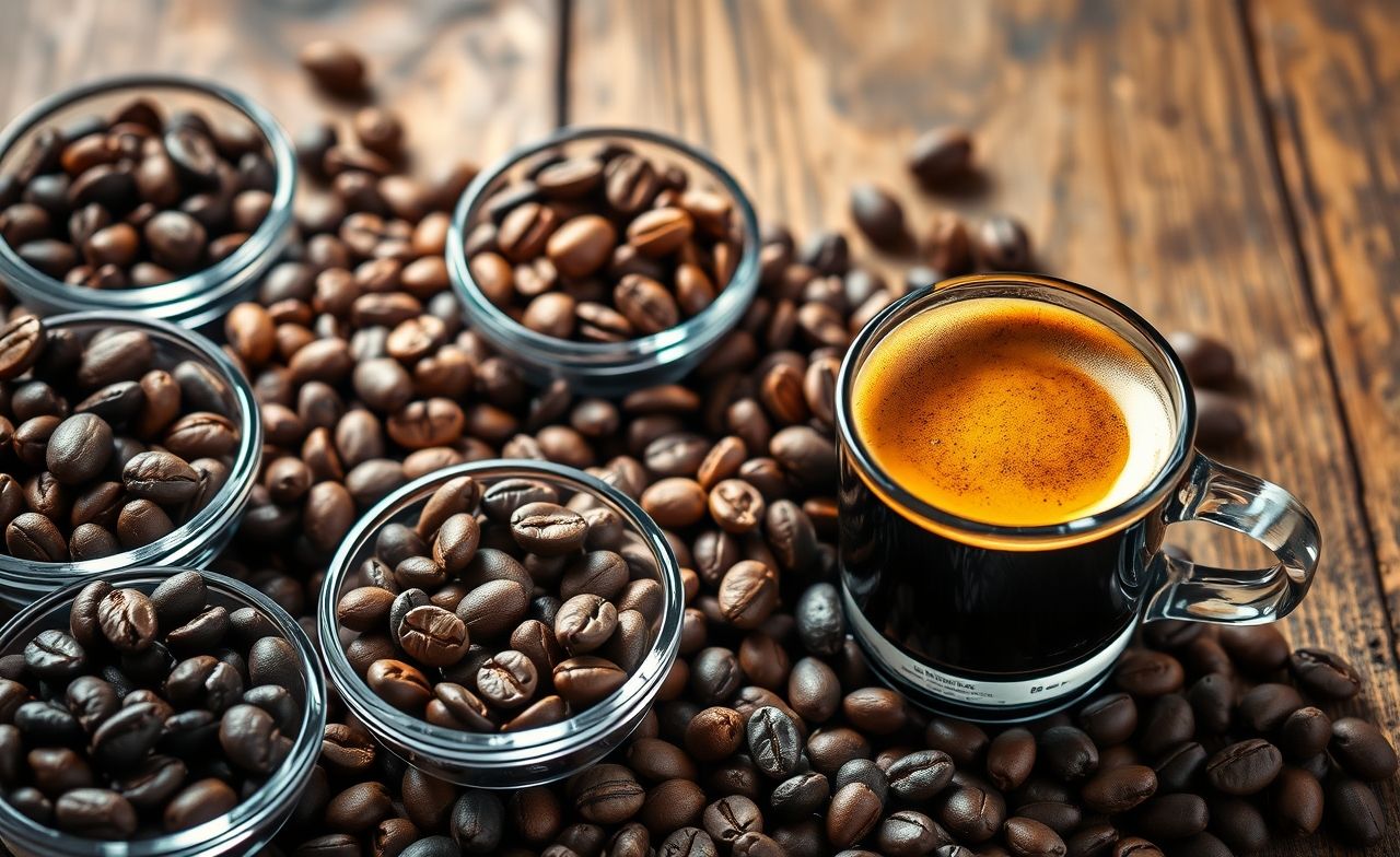 Explore a riqueza do café: grãos de Arabica e Robusta, com um espresso perfeito, em uma mesa rústica. Explore a riqueza do café: grãos de Arabica e Robusta, com um espresso perfeito, em uma mesa rústica.