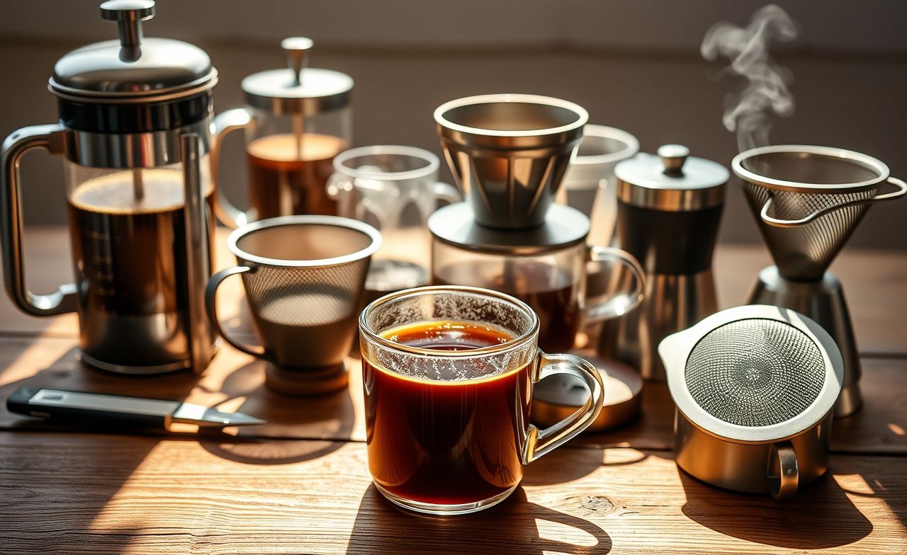 Descubra a arte do café com diferentes infusores, do French press ao dripper, todos destacados em uma mesa rústica. Descubra a arte do café com diferentes infusores, do French press ao dripper, todos destacados em uma mesa rústica.