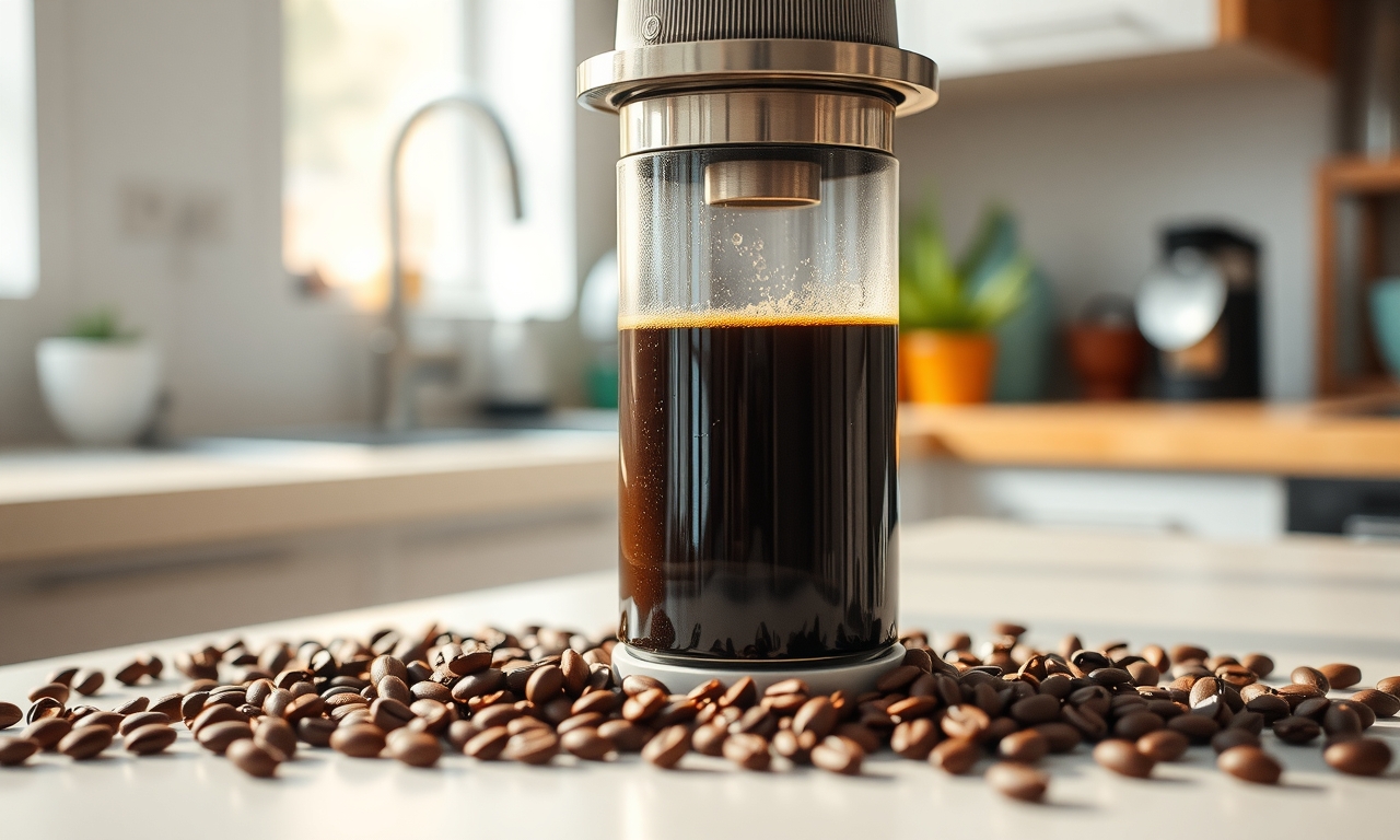 Aeropress moderno preparando um café perfeito, rodeado de grãos frescos, em uma cozinha iluminada com luz natural. Aeropress moderno preparando um café perfeito, rodeado de grãos frescos, em uma cozinha iluminada com luz natural.