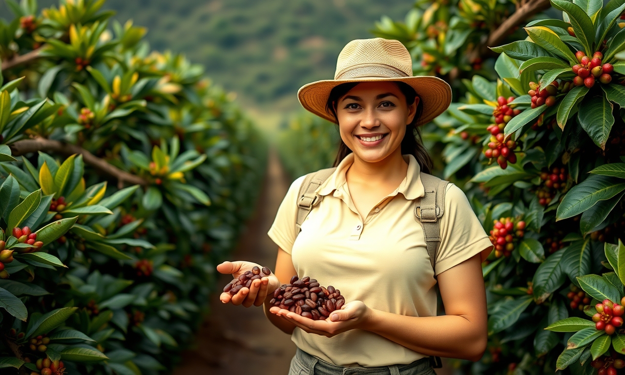Mulher confiante segura grãos de café em uma plantação, mostrando força e empoderamento no campo. Trabalhadora rural orgulhosa. Mulher confiante segura grãos de café em uma plantação, mostrando força e empoderamento no campo. Trabalhadora rural orgulhosa.