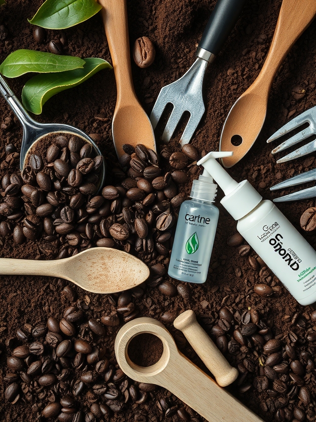 Close-up artístico de borra de café reutilizada com ferramentas de jardinagem, produtos de beleza e itens de limpeza, em tons terrosos e luz natural suave.