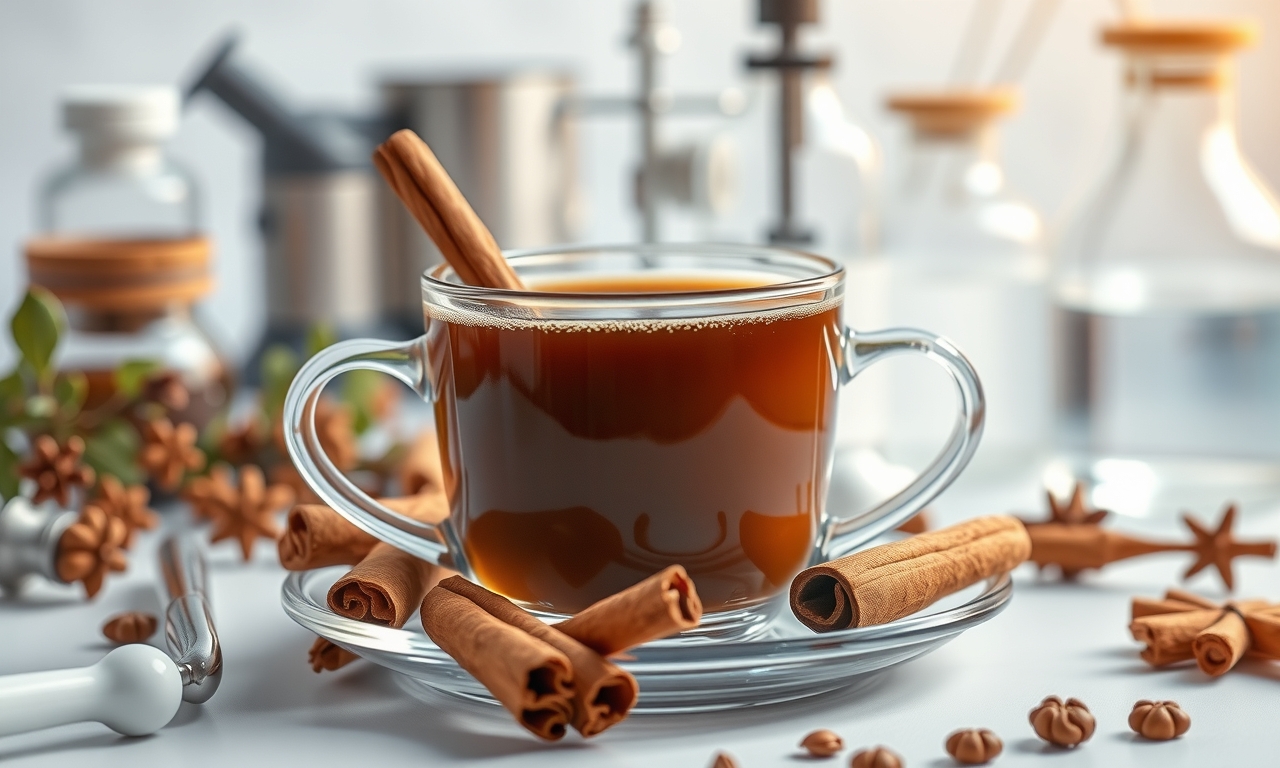 Uma xícara de café fumegante com canela, cercada por elementos de pesquisa médica, destacando os benefícios medicinais desta mistura aromática. Uma xícara de café fumegante com canela, cercada por elementos de pesquisa médica, destacando os benefícios medicinais desta mistura aromática.