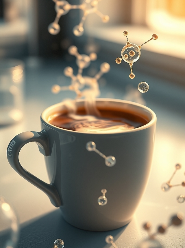 Um café fumegante com moléculas de glicose flutuando, em estilo hiper-realista e iluminação de laboratório. Perfeito para temas científicos e gastronômicos.