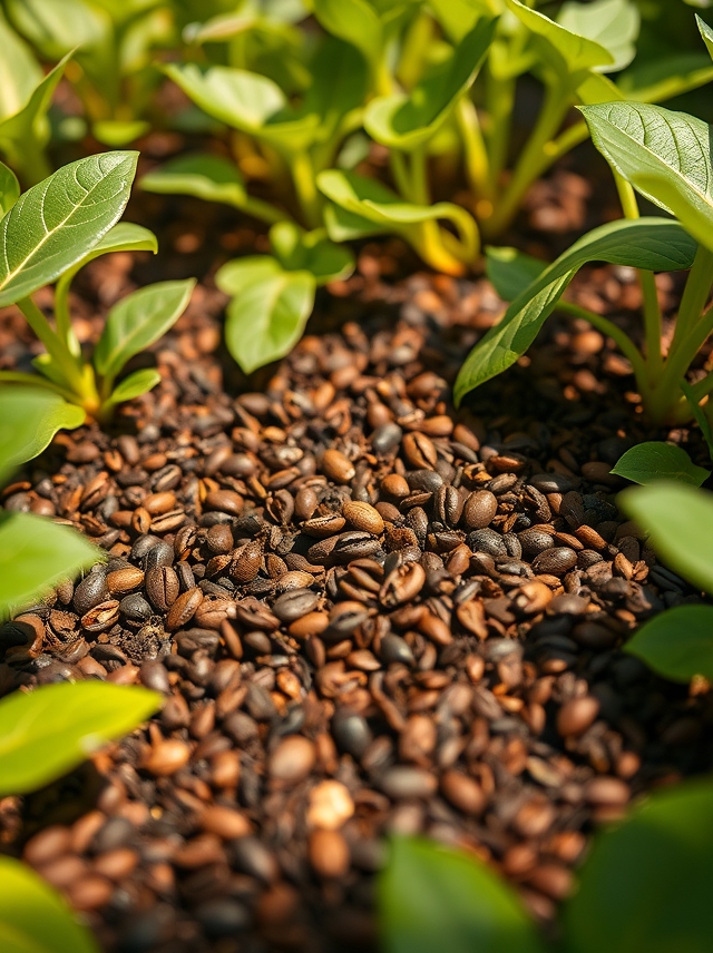 Close-up de grãos de café espalhados entre plantas verdes, com insetos fugindo sob a luz quente do sol. Estética natural e ecológica.