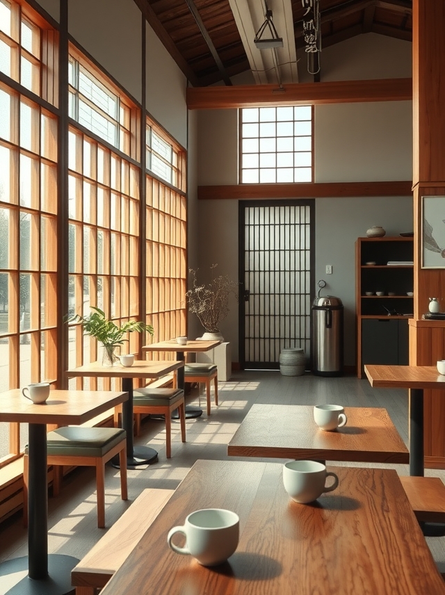 Interior de café japonês moderno e minimalista, com luz natural suave, móveis de madeira e xícaras de cerâmica, harmonizando design contemporâneo e tradicional.